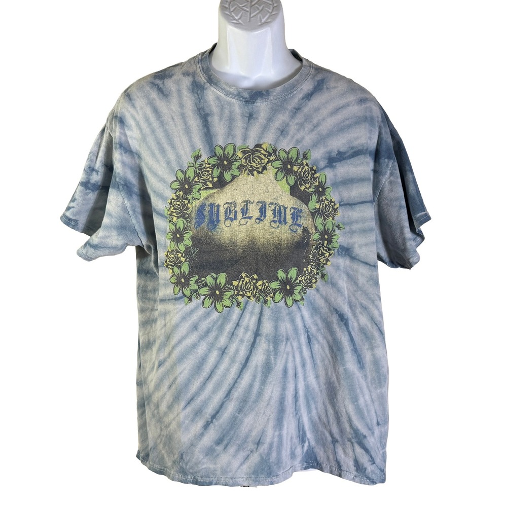 Sublime Graphic T-Shirt Womens Large Blue Tie Dye Floral Wreath Band Tee